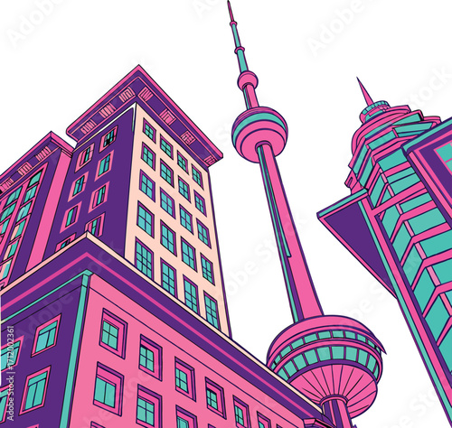 Vibrant city skyline illustration with tall buildings and tower, representing urban life and architecture