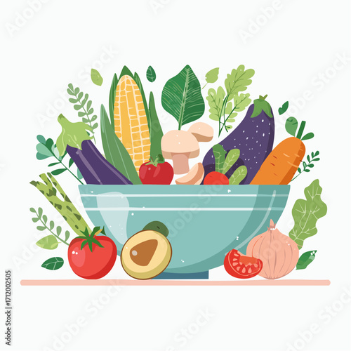 A vibrant and healthy assortment of fresh vegetables and produce, artfully arranged in a bowl, symbolizing a wholesome and nutritious diet