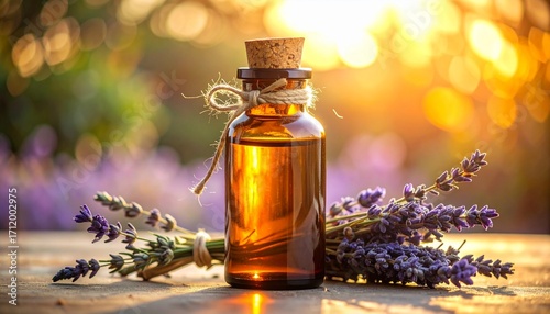 Amber Essential Oil Bottle with Lavender Golden Hour Backlit Composition.