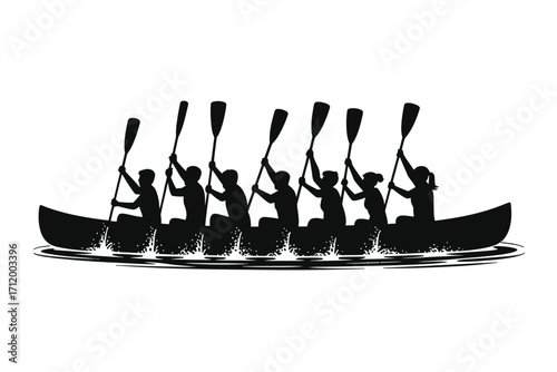 Silhouette of a dragon boat team rowing in unison