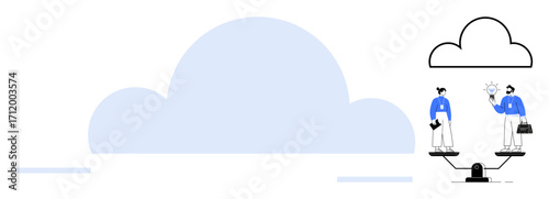 Figure of two individuals balancing innovation and data, represented by a bulb and device, under a cloud. Ideal for teamwork, technology, cloud computing, balance, innovation, cybersecurity digital