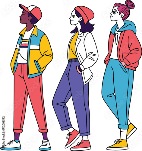 Diverse group of stylish young adults looking toward the future with confidence and modern fashion sense