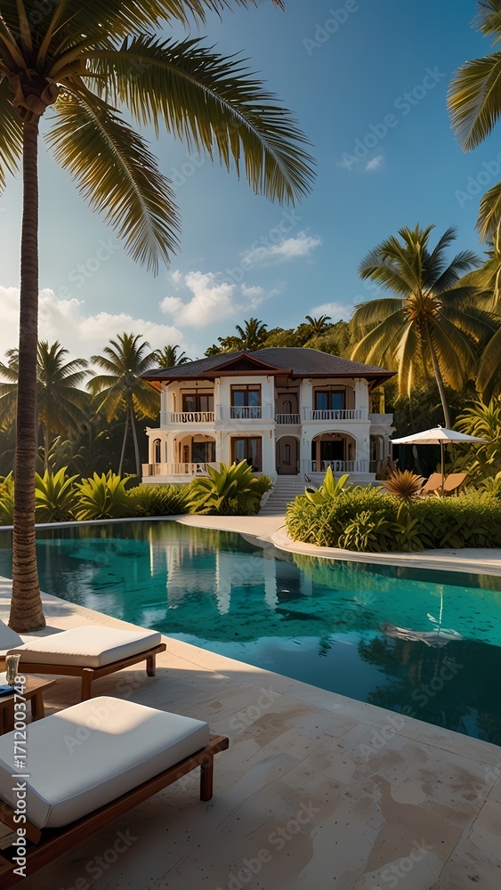 Fototapeta premium A luxurious villa surrounded by tall slender palm trees with lush green leaves, set against a breathtaking ocean view with crystal clear turquoise water and a horizon that stretches far into the dista