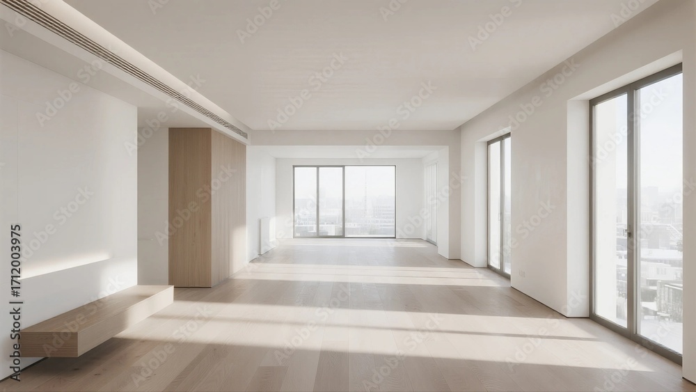 Fototapeta premium Spacious and bright empty room with large windows and wooden floor