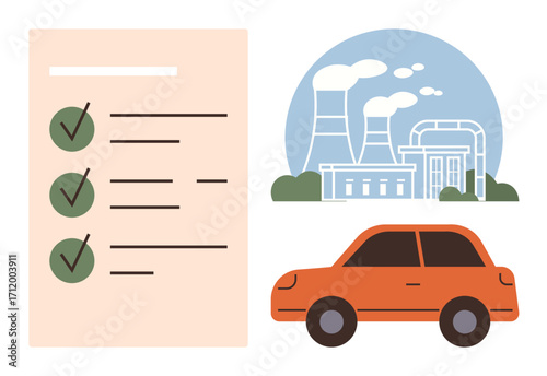 Checklist with completed tasks, factory with smokestacks emitting fumes, and compact car. Ideal for sustainability, environment, industry, pollution control, green initiatives, compliance automotive