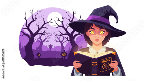 Mystical Witch with Spellbook: A bewitching witch, adorned in a pointed hat, engrossed in a magical spellbook set against a mystical, moonlit forest.