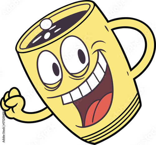 Cheerful cartoon coffee mug character with a big smile ready to start the day strong