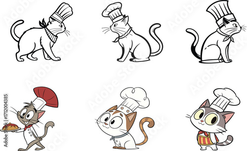 Cute chef cats cartoon collection, culinary concept for kids, restaurant menu, or playful branding
