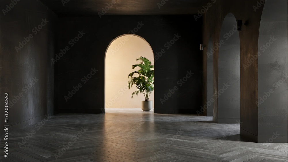 Obraz premium Minimalist interior space with arched doorway and potted plant