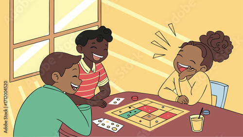 Happy friends laughing together playing board game for fun, enjoying friendship and quality time indoors