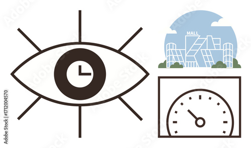 Eye with clock illustrates time observation, speedometer for efficiency, and mall as an activity hub. Ideal for productivity, planning, retail, monitoring, decision-making, focus and simple flat