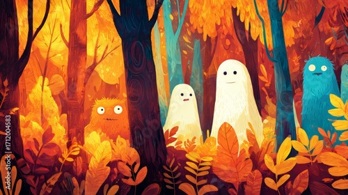 Friendly Halloween Ghosts Among Colorful Fall Trees in Enchanted Forest with Soft Atmospheric Light