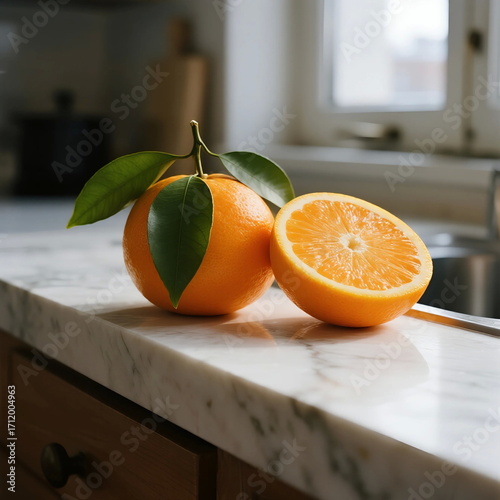 Fresh orange with leaves on kitchen countertop