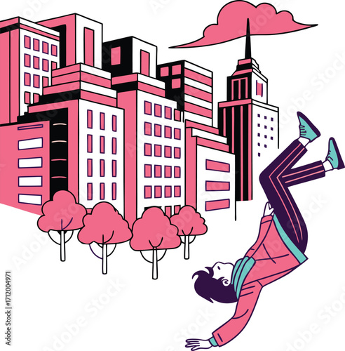 Falling into the city, conceptual urban life, modern vector art for creative projects, city dreams