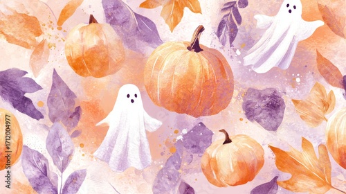 Cute Halloween Pattern with Watercolor Pumpkins Ghosts and Purple Bats on Soft Pastel Background