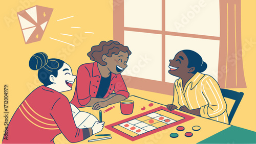 Happy friends laughing playing bingo together, enjoying a cozy afternoon of lighthearted fun indoors