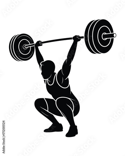 Silhouette of a weightlifter performing a clean and jerk lift