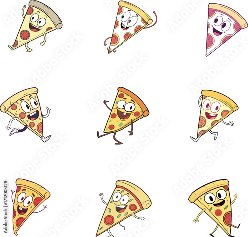 Playful pizza slice cartoon characters expressing joy and happiness for food related designs