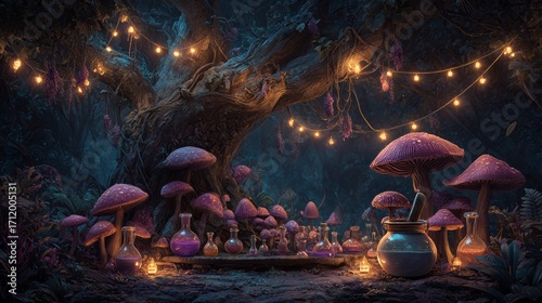 Magical Fairy Tale Forest Scene with Glowing Mushrooms String Lights and Enchanted Woodland Atmosphere