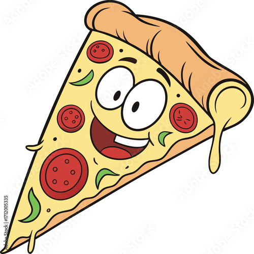 Cheerful pizza slice cartoon character with happy face ready for fast food promotions