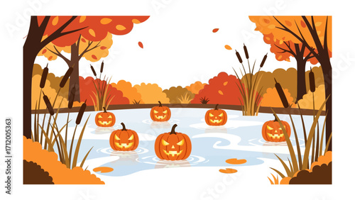 Halloween Pumpkin Pond Scene: A whimsical autumn scene features grinning pumpkin jack-o'-lanterns floating on a pond surrounded by vibrant fall foliage and towering trees.