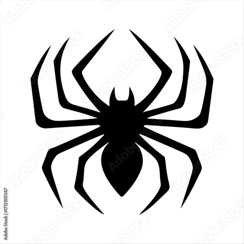 Decorative silhouette of a spider with ceremonial tribal patterns, sharp leg angles and curved markings, modern monochrome graphic