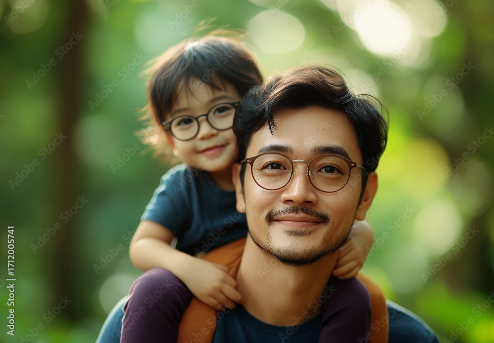 Naklejka premium A happy father and his adorable daughter share a tender moment outdoors, the girl playfully perched on his shoulders
