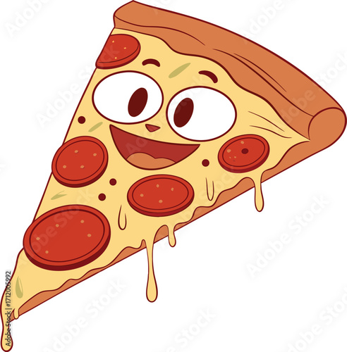 Delightful pizza slice character with pepperoni smiling, ready for pizza day fun and food adventures