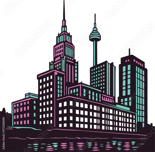 Vibrant city skyline illustration with a modern architectural style and neon color accents