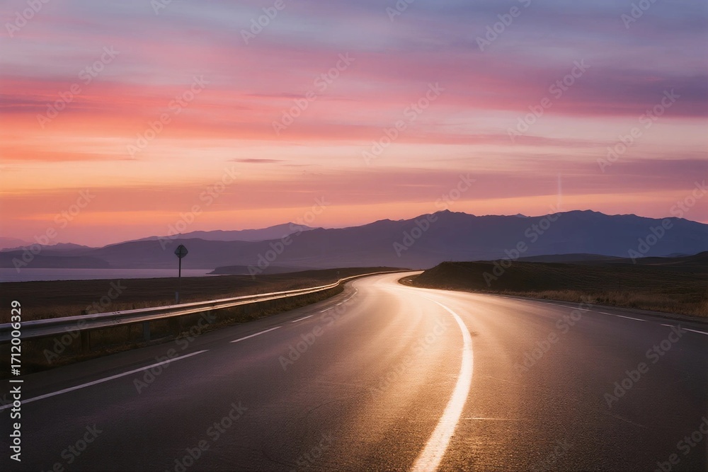Fototapeta premium Beautiful scenic road at sunset with mountain view