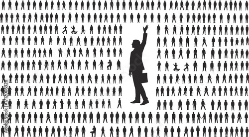 Standout businessman silhouette, crowd of people, leadership concept, individuality, success icon, unique figure, corporate vision, personal branding, business standout, human group, team