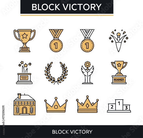 Create Block Victory, achievement line icon set. Vector pictograms of trophy, first place medal, celebration, laurel wreath, crown, and winner podium thin linear illustration,