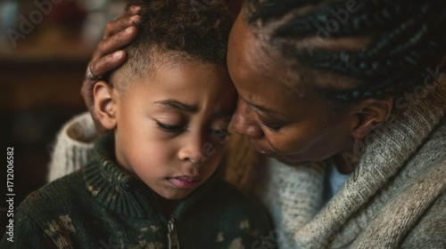 A young African boy with curly hair looks sad while his mother, a Black woman with braided hair, comforts him in a cozy indoor setting.