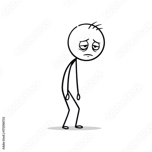 Sad stick figure leaning down with lowered head, showing hopelessness and emotional pain, created as a minimalist expressive stick figure vector art.