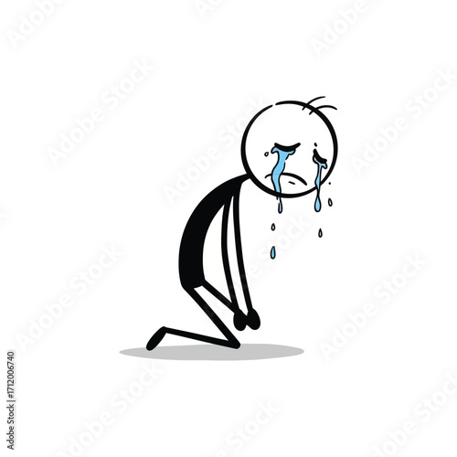 Crying kneeling stick figure with tears streaming, showing sadness, despair, and grief, designed in minimalist expressive stick figure vector style.