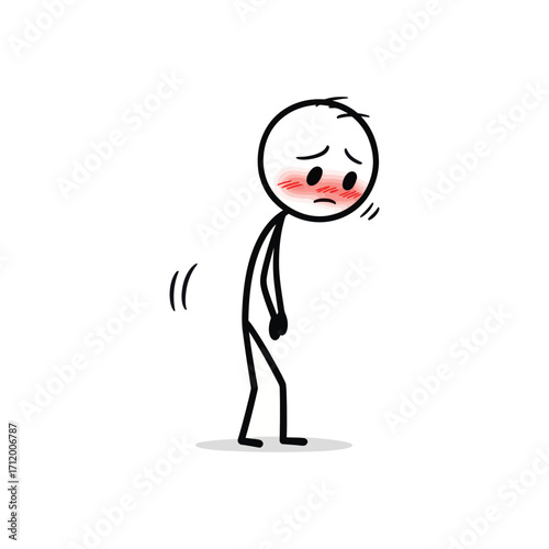 Embarrassed blushing stick figure with tilted head, showing modesty and shyness, created in minimalist line art vector style for emotional concept.