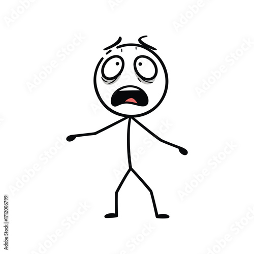 Frightened stick figure with wide eyes and raised arms, looking scared and nervous, illustrated in an expressive black and white vector line drawing.
