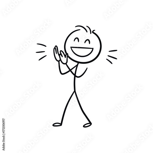 Happy stick figure clapping hands with joy, celebrating with a cheerful expression, illustrated in clean vector line art style for emotion concepts.