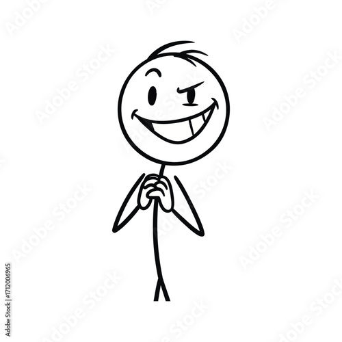 Grateful stick figure with clasped hands near face, smiling with appreciation, drawn in minimalist vector style to express gratitude and happiness.