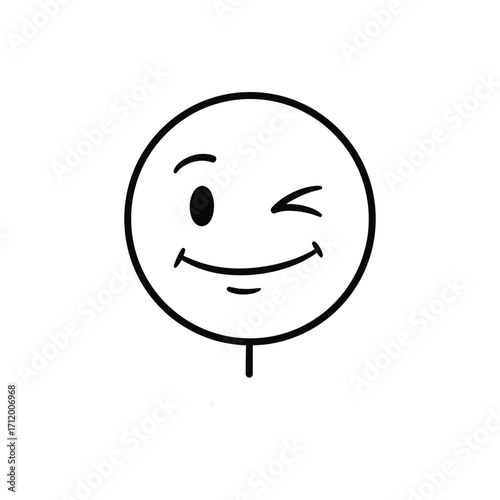 Winking stick figure round face with smile, showing playful and positive emotion, illustrated in minimalist line art vector style for emotions concept.