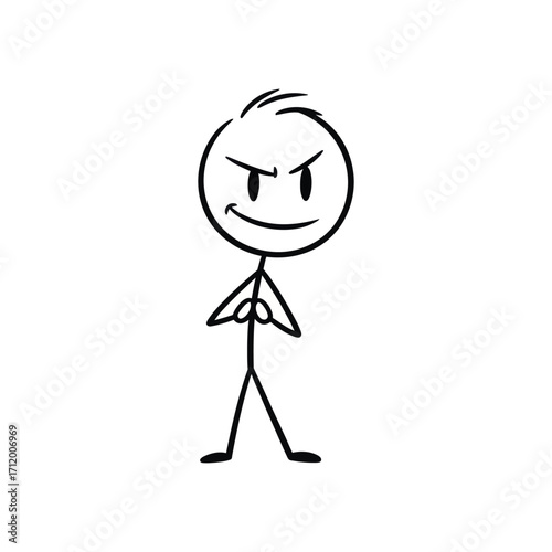 Angry stick figure crossing arms with a serious face, expressing frustration or defiance, captured in a clean black and white vector line artwork.