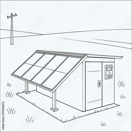 A simple line drawing of a solar panel array connected to a small utility building in a grassy field