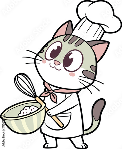 Delightful cat chef mixing batter with whisk, ready to bake sweet treats, culinary fun illustration