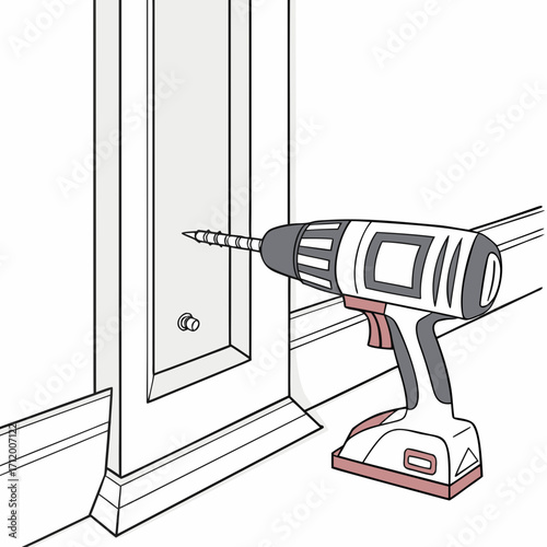 Close up illustration of a cordless drill screwing a fastener into a wooden cabinet door panel