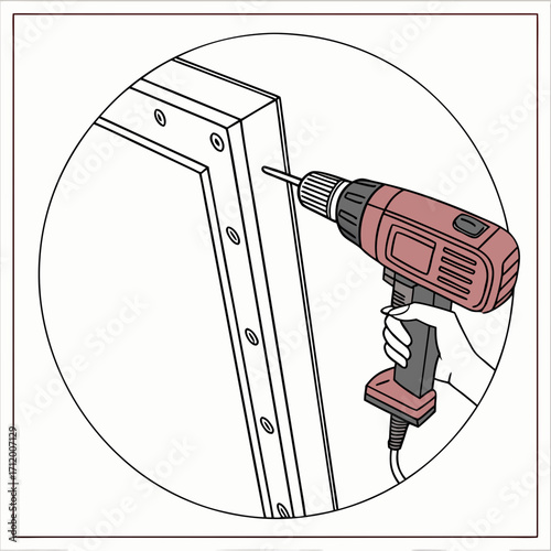 Close up illustration of a hand holding a cordless drill and screwing into a wooden frame construction