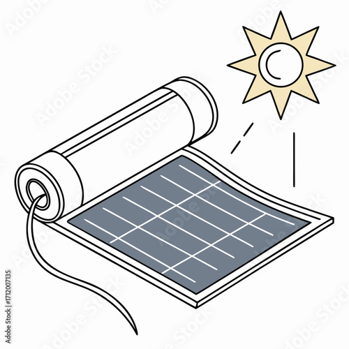 Flexible solar panel unrolling towards the sun for renewable energy generation and power