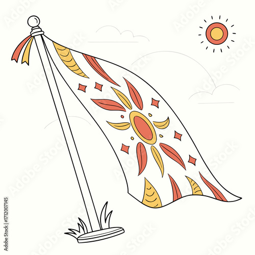 Decorative sun and cloud motif on a colorful flag waving in the wind on a bright sunny day