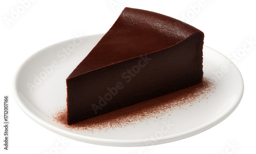 A slice of flourless chocolate torte with a cocoa powder border on a white plate