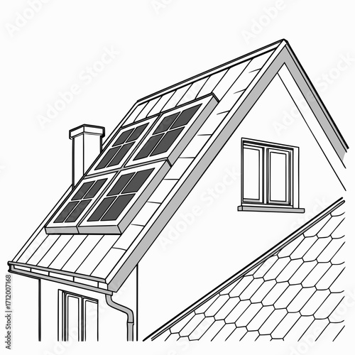 Illustration of a house roof with solar panels and a chimney showcasing renewable energy integration