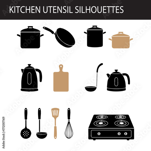 Kitchen utensil and appliance silhouette vector icon set

